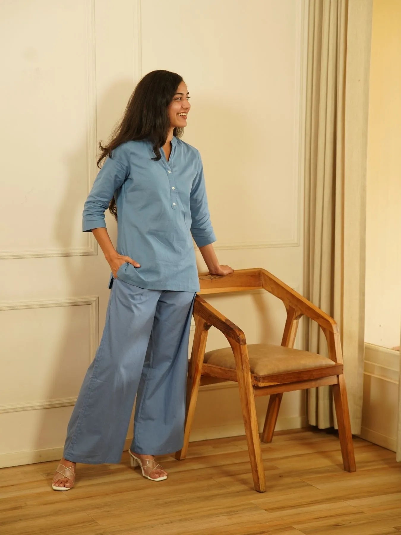 English Blue Airy Linen Short Kurta Co-ord Set