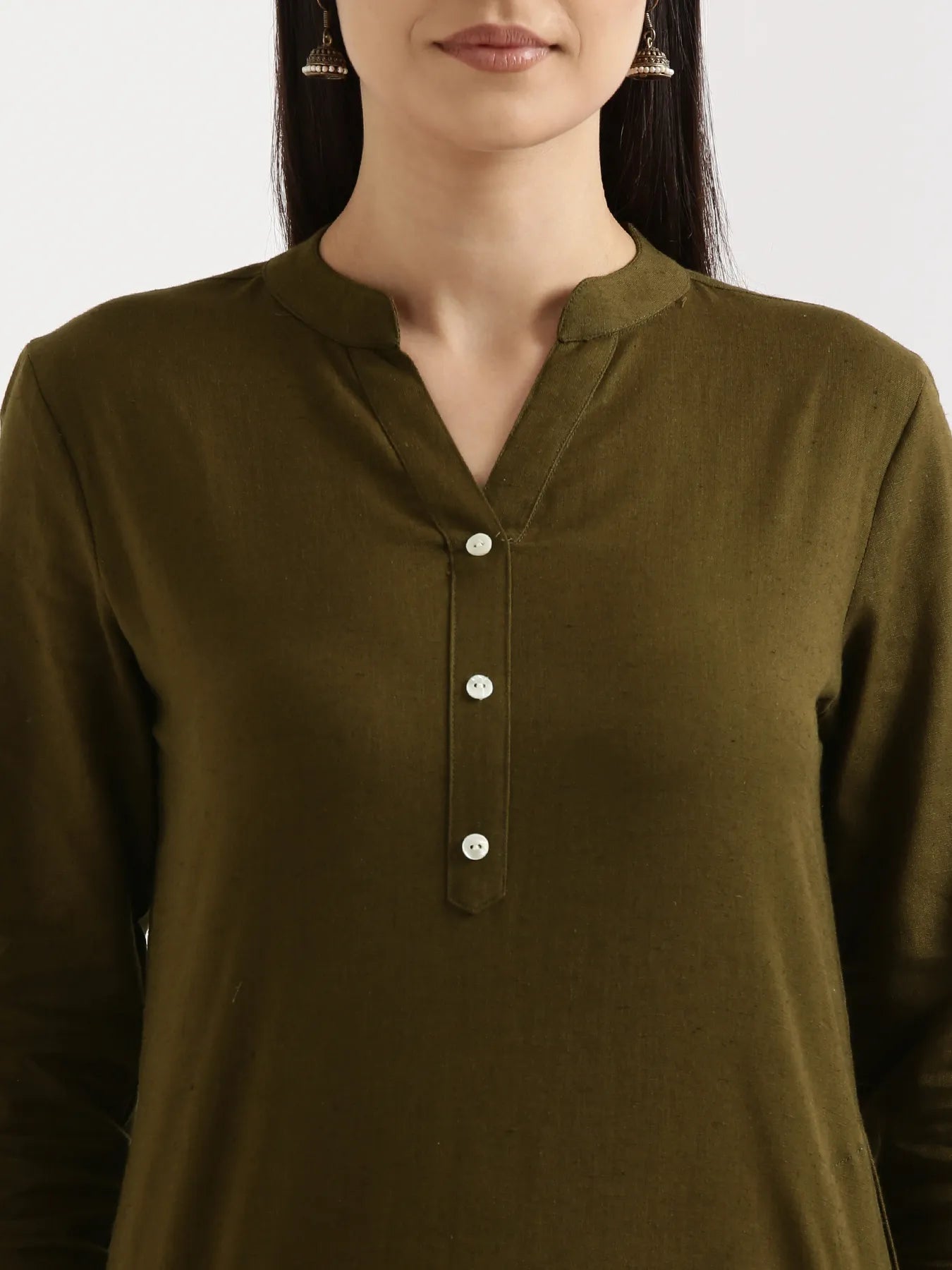 Women Olive Green Airy Linen Long Kurta & Beige Viscose Palazzo Pant Set