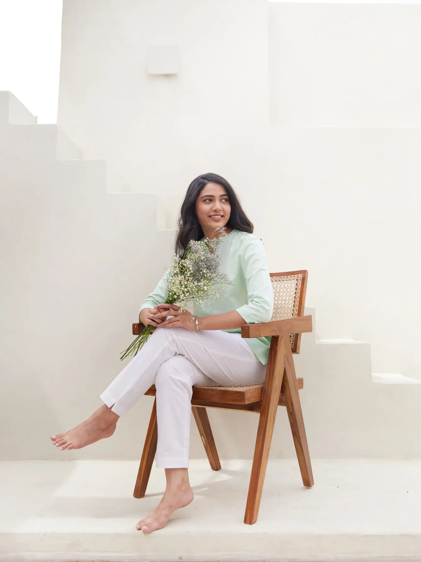 Mint Green Short Kurta with White Cotton Pant