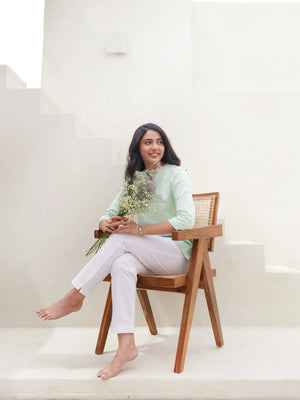 Mint Green Short Kurta with White Cotton Pant