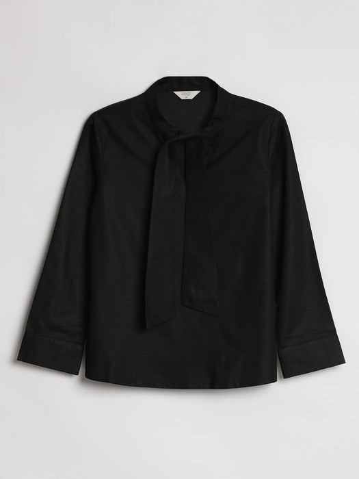 Women Black Linen Blend Knot Blouse