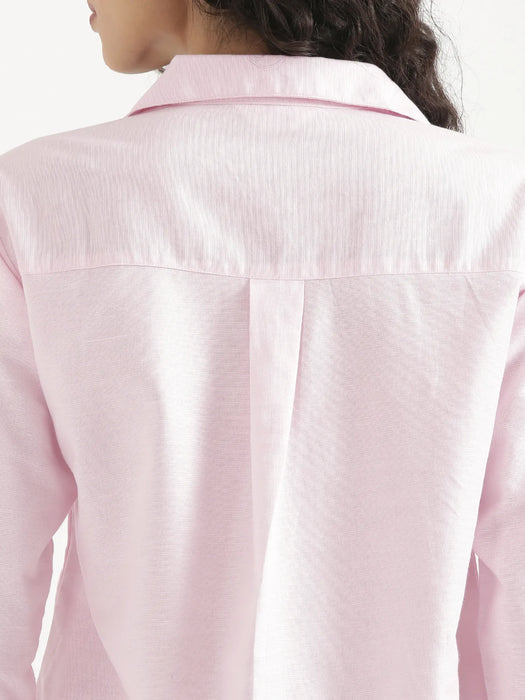 Women Blush Pink Linen Blend Pleated Top & White Airy Linen Wide Leg Pants Pant Set