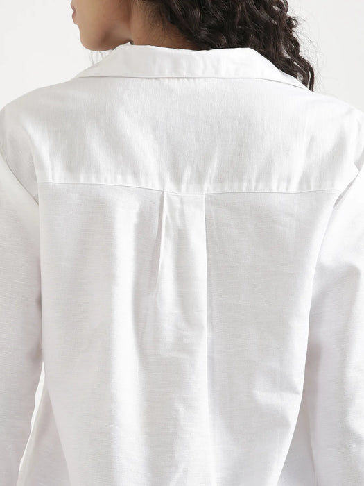 Women White Linen Blend Pleated Top