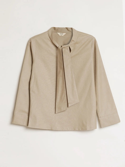 Women Taupe Linen Blend Knot Blouse & Ecru Airy Linen Straight Pants Pant Set