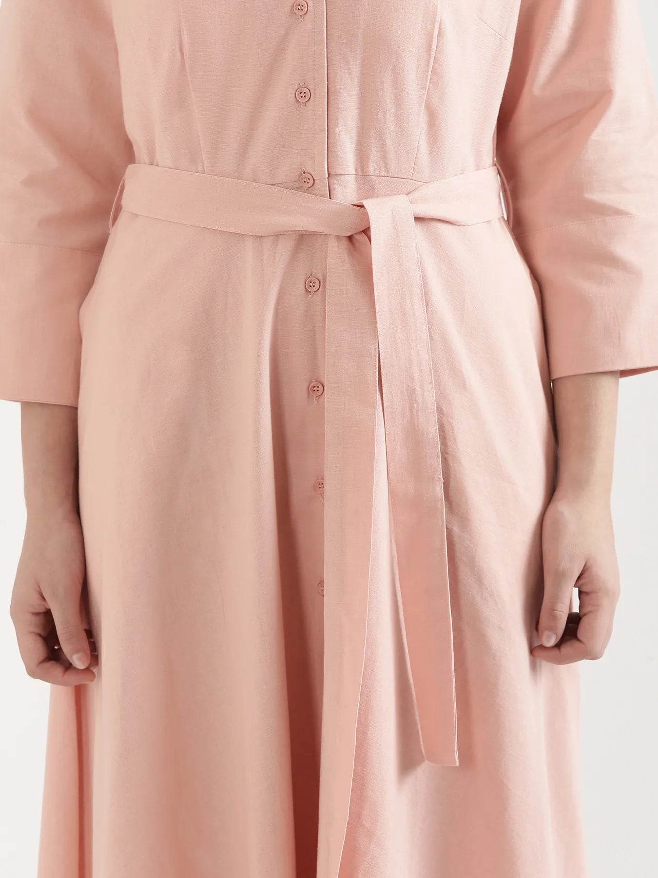 Women Salmon Pink Airy Linen Flared Dress
