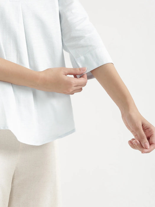Women Powder Blue Linen Blend Pleated Top & Ecru Airy Linen Wide Leg Pants Pant Set