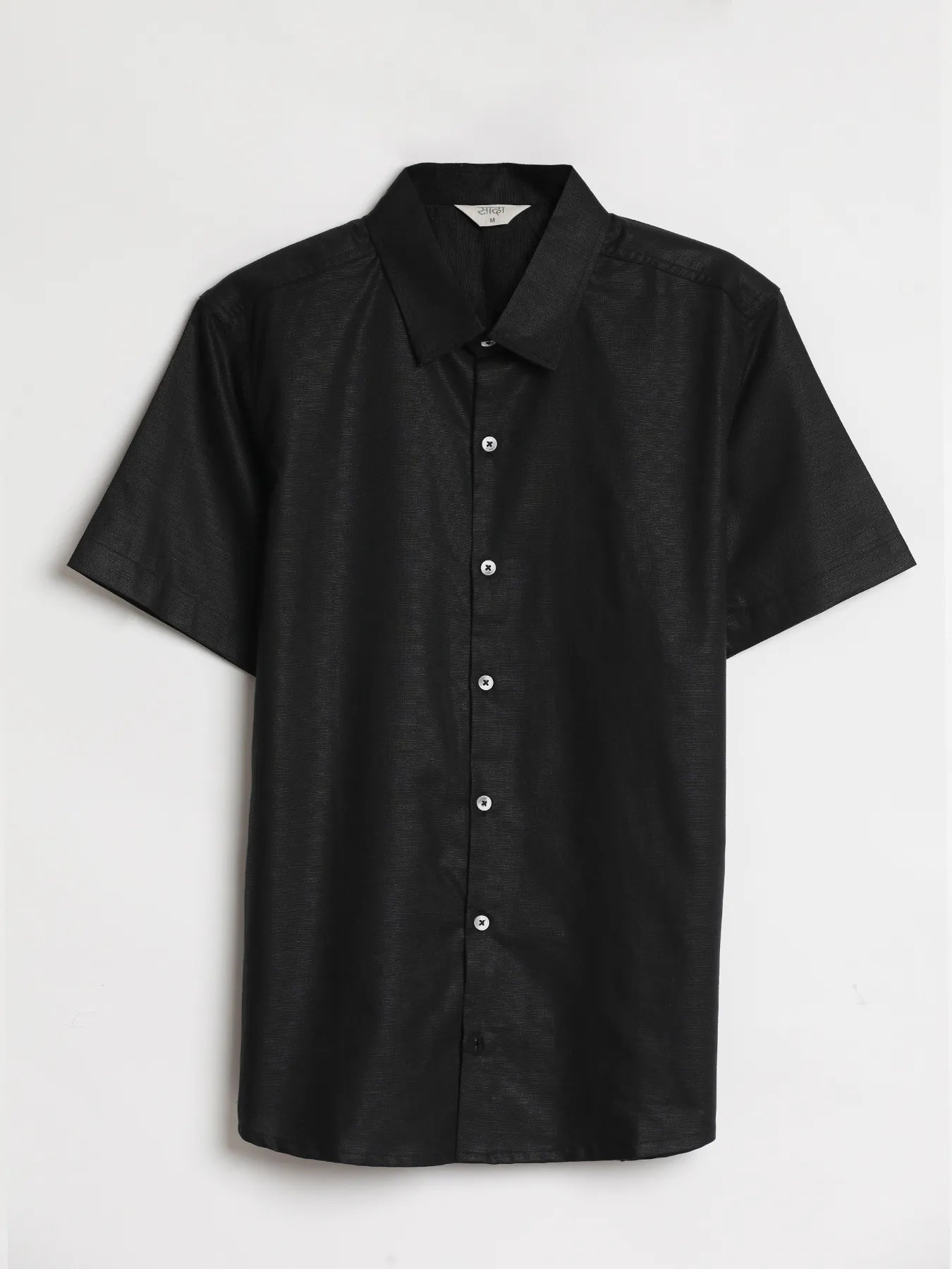 Men Black Linen Blend Short Sleeve Shirt