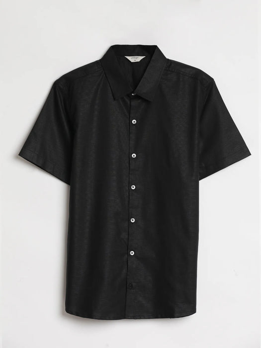 Men Black Linen Blend Short Sleeve Shirt