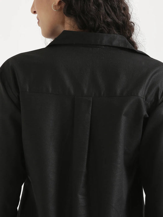 Women Black Linen Blend Pleated Top