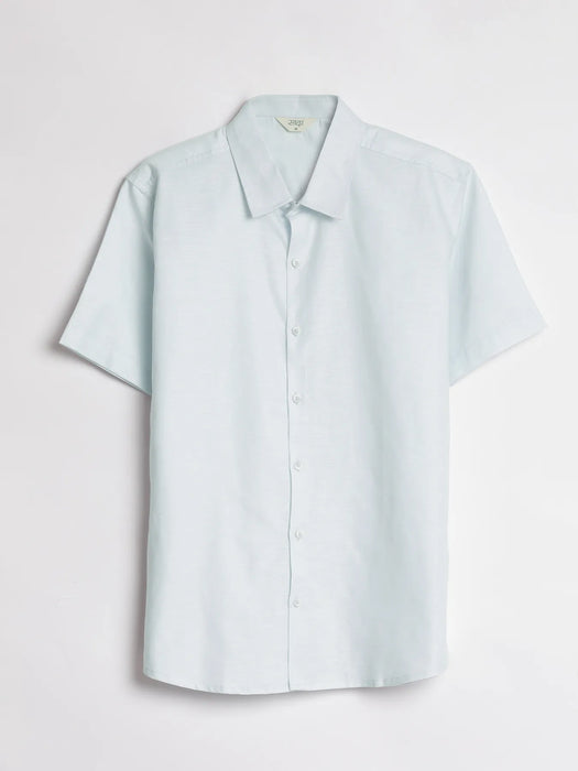 Men Powder Blue Linen Blend Short Sleeve Shirt & Beige Cotton Pant Set