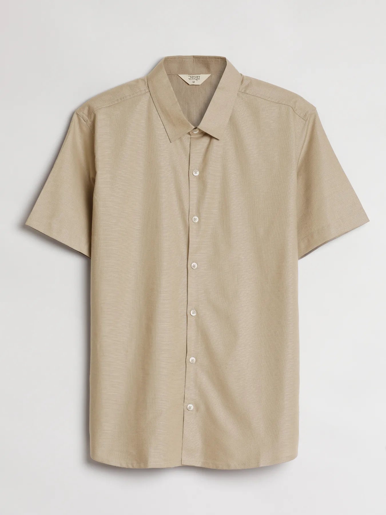 Men Taupe Linen Blend Short Sleeve Shirt & Beige Cotton Pant Set