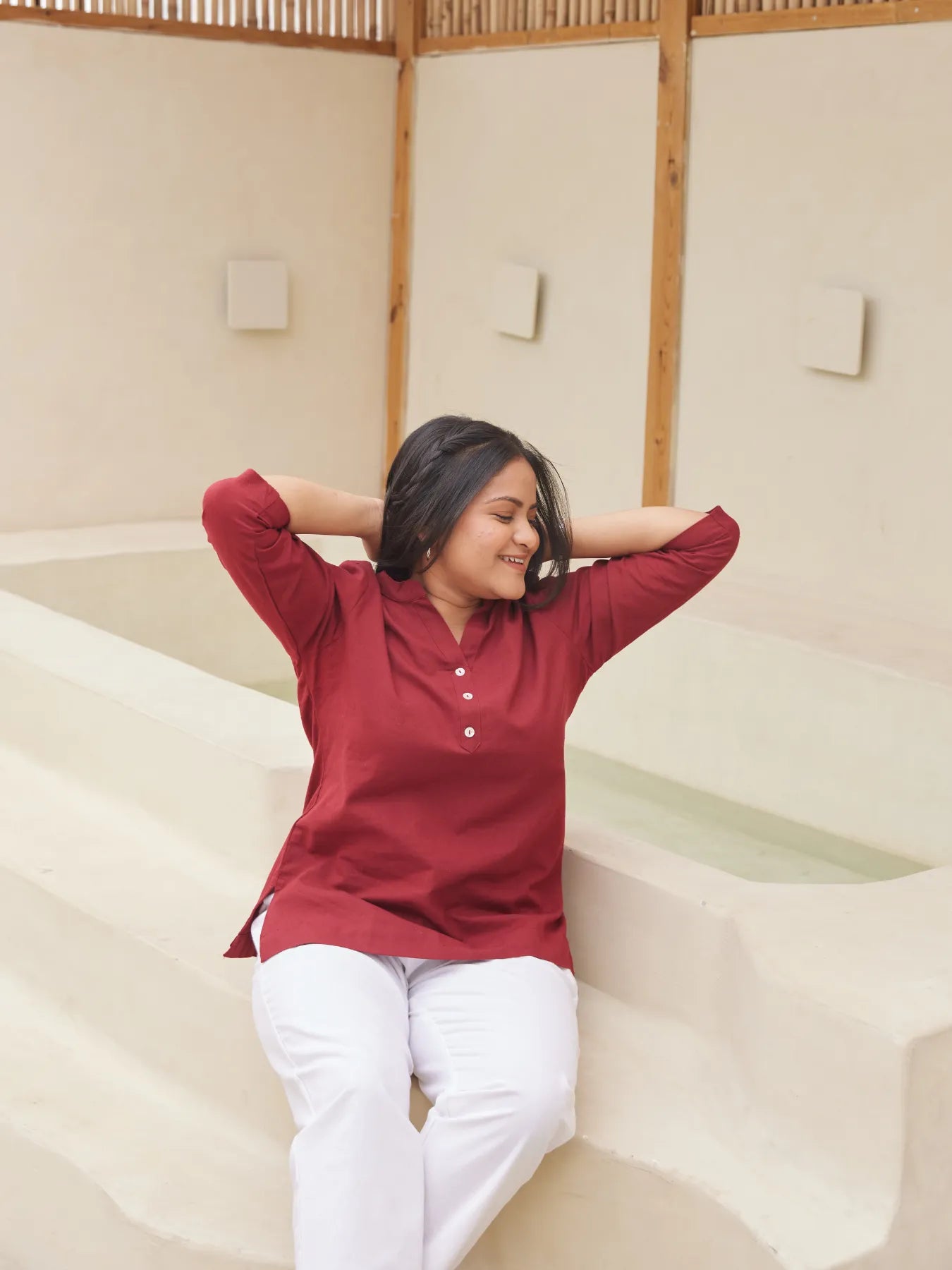 Maroon Short Kurta with White Cotton Pant