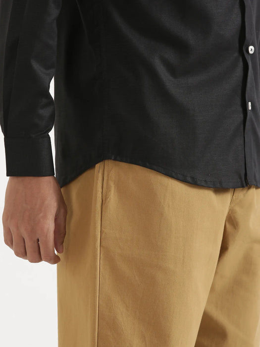 Men Black Linen Blend Mandarin Collar Shirt