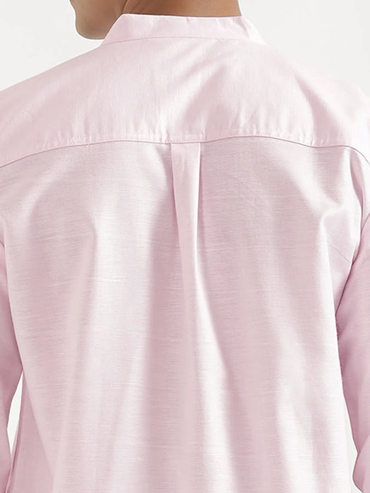 Men Blush Pink Linen Blend Mandarin Collar Shirt & White Cotton Pant Set