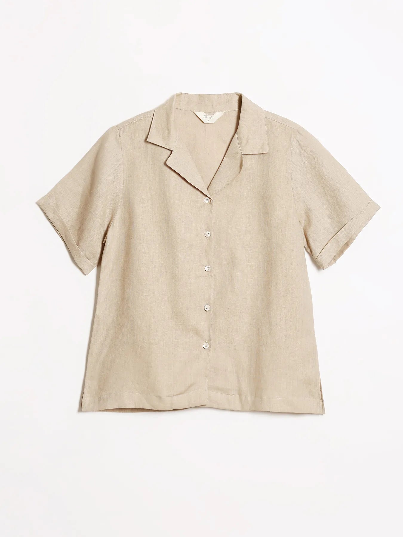 Women Taupe Pure Linen Notch Collar Shirt