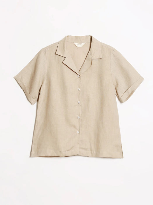 Women Taupe Pure Linen Notch Collar Shirt