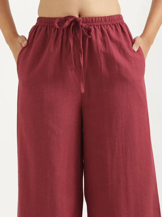 Women Maroon Flowy Linen Pant Set