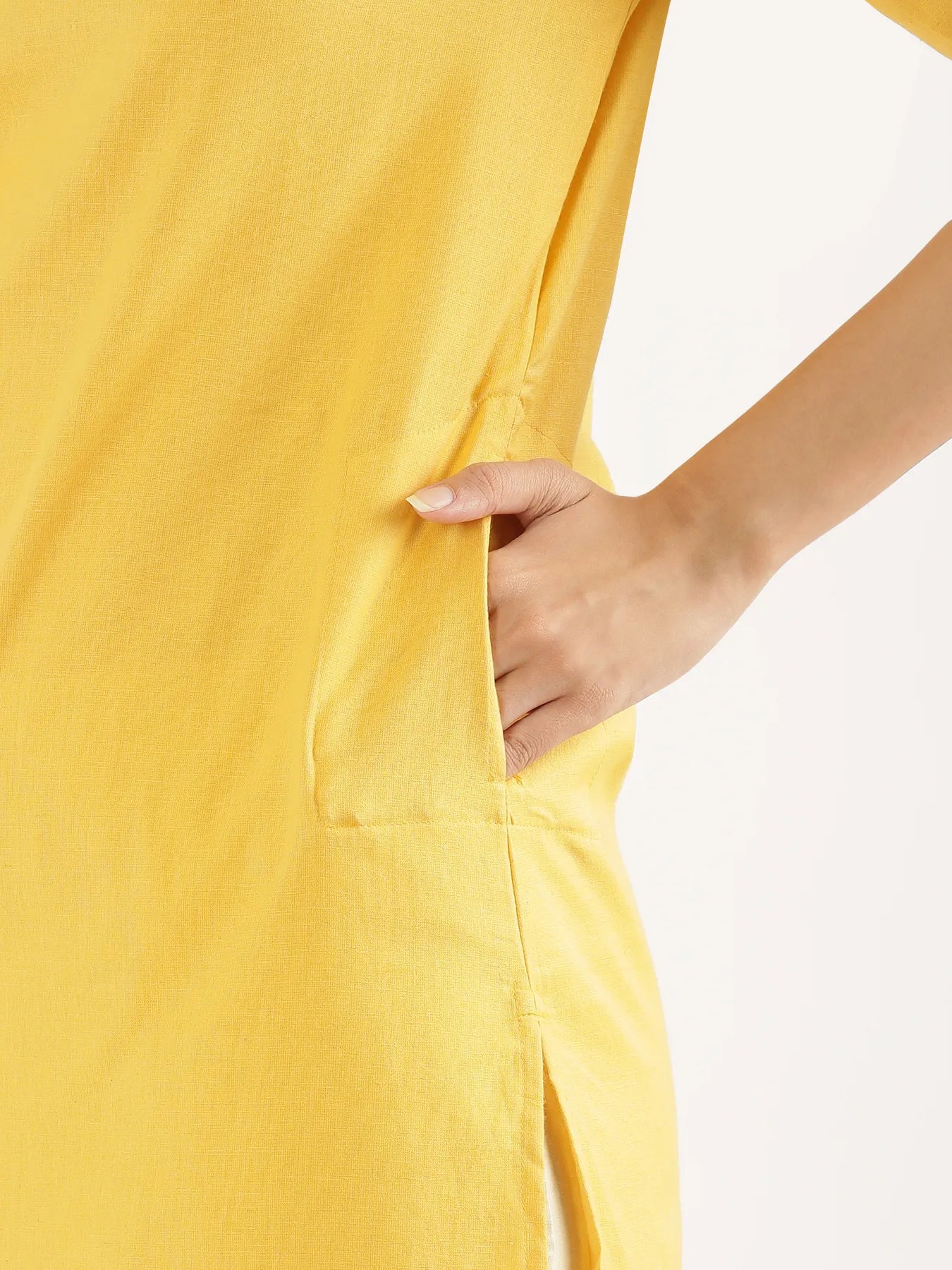Women Yellow Airy Linen Mid Thigh Length Kurta
