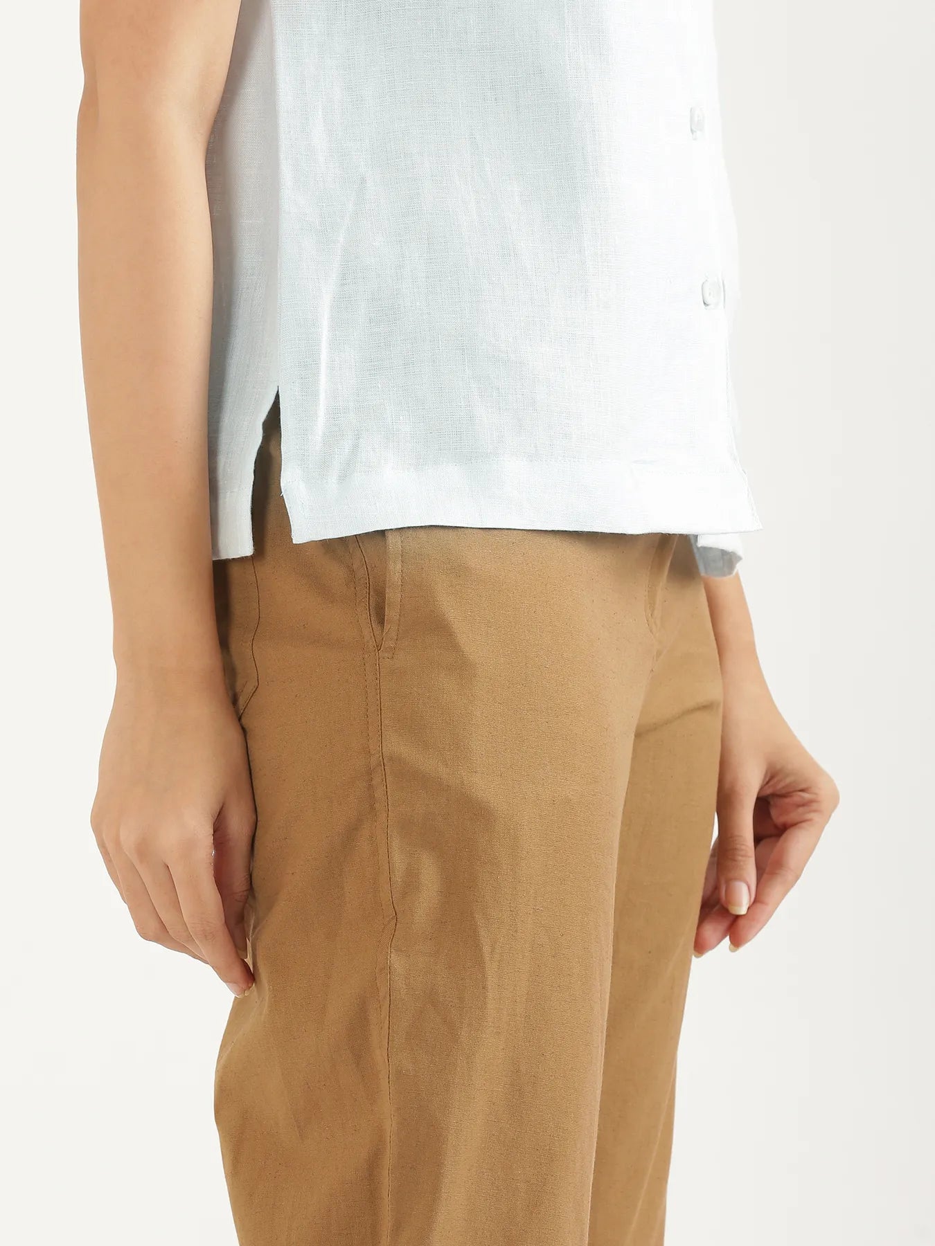 Women Light Blue Pure Linen Notch Collar Shirt