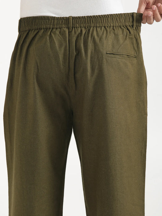 Men Olive Green Linen Blend Straight Pant