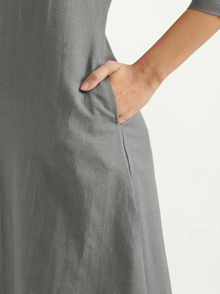 Women German Grey Flowy Linen A-Line Long Kurta