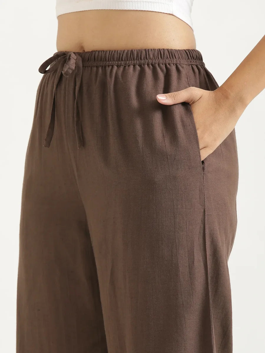 Women Dark Brown Flowy Linen Wide Leg Pants