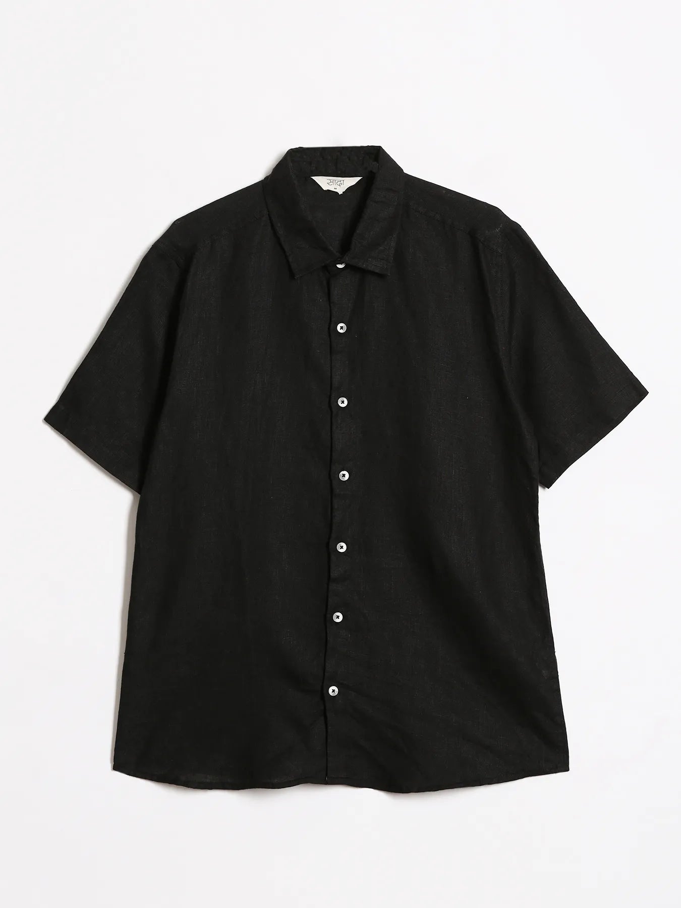 Women Black Pure Linen Notch Collar Shirt