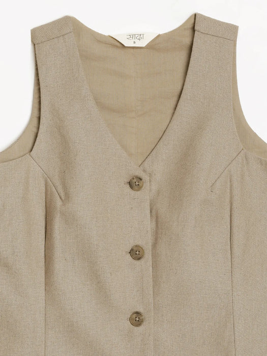 Women Khakhi Linen Blend Waist Coat