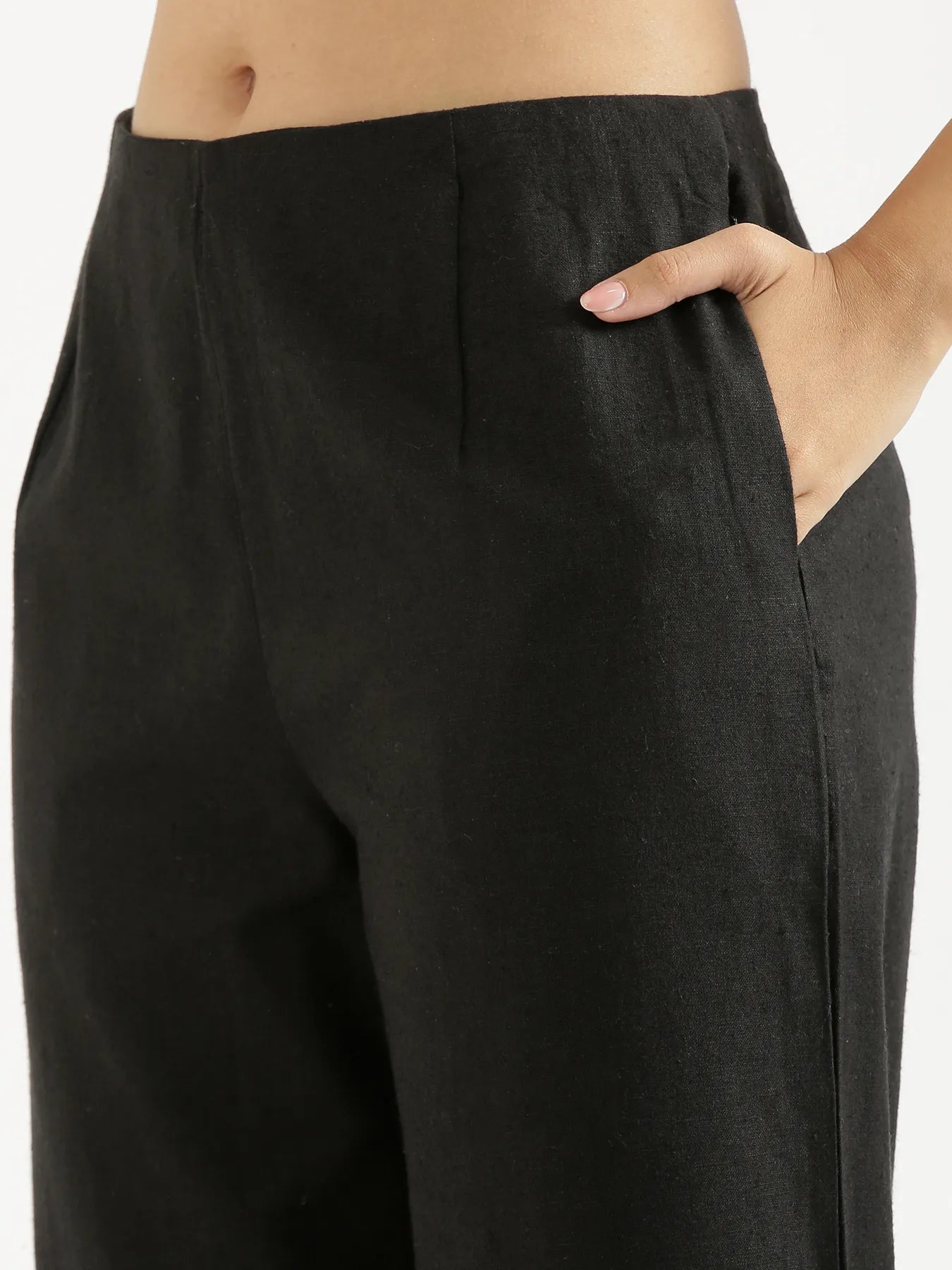 Women Black Linen Blend Wide Leg Pant