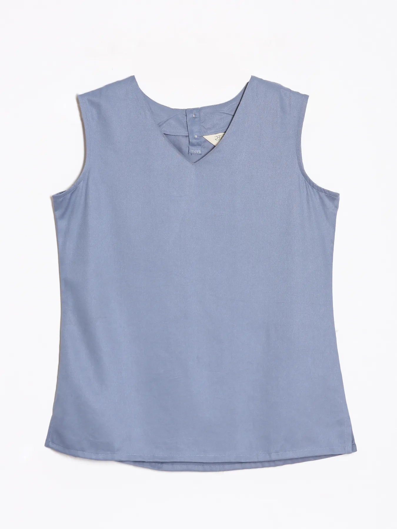 Women English Blue V-Neck Sleeveless Top