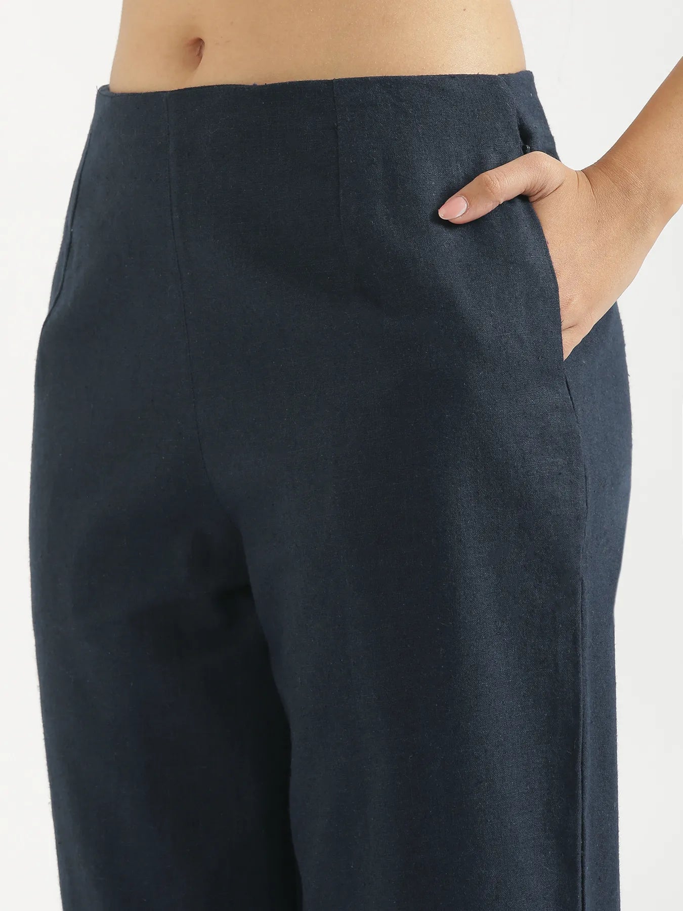 Women Navy Blue Linen Blend Wide Leg Pant