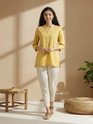Women Yellow Airy Linen Short Kurta & Beige Cotton Pant Set