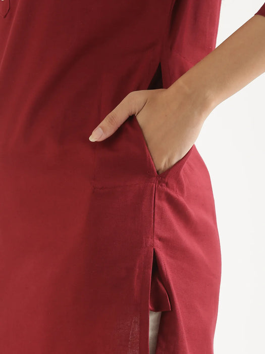 Women Maroon Airy Linen Long Kurta