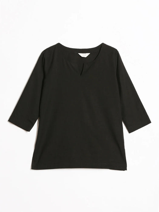 Women Black Airy Linen Split Neck Short Kurta