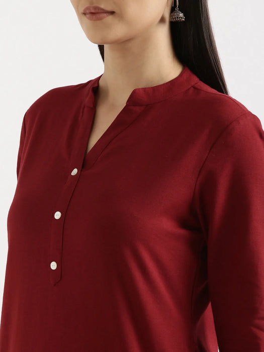 Women Maroon Airy Linen Long Kurta & White Viscose Palazzo Pant Set