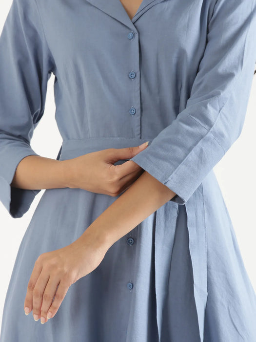 Women English Blue Airy Linen Flared Dress