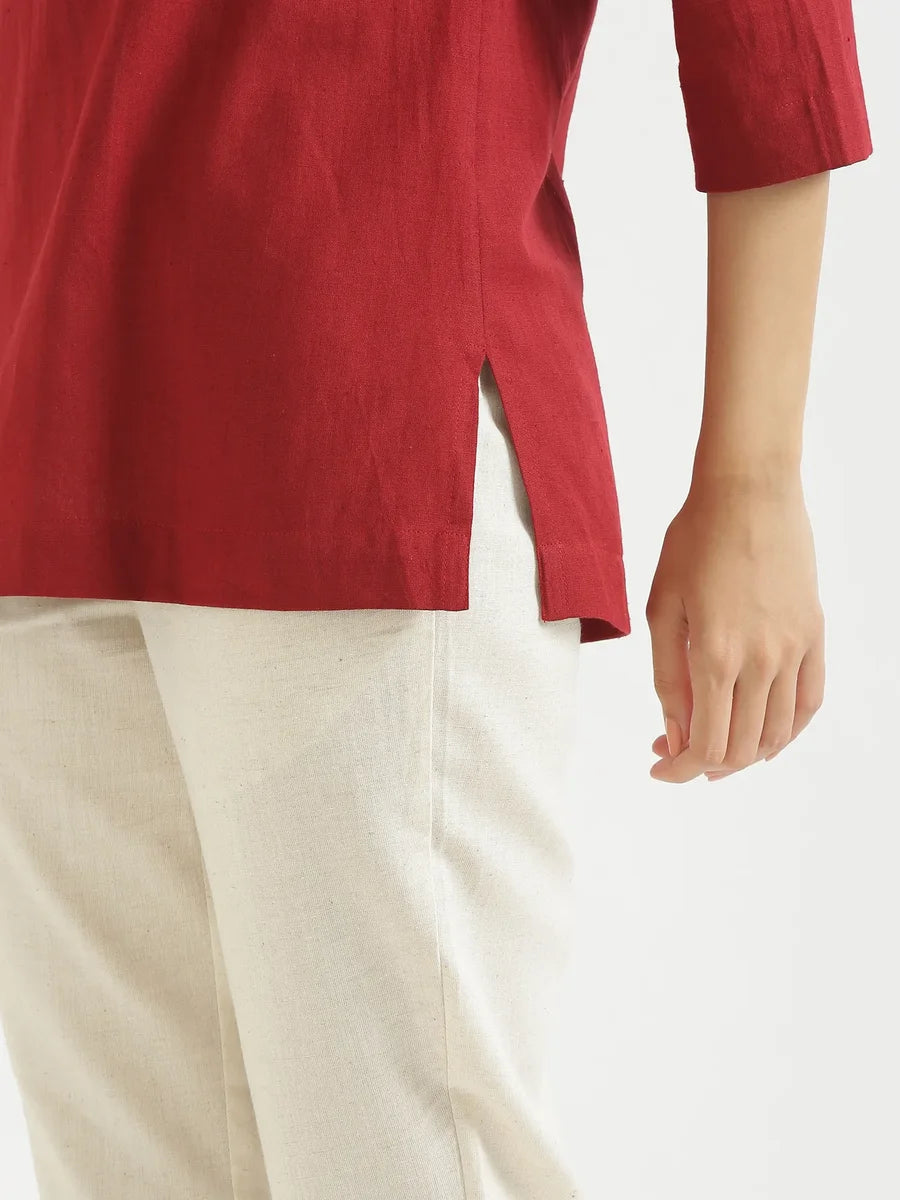 Women Maroon Airy Linen Short Kurta