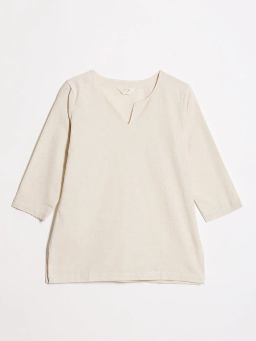 Women Ecru Airy Linen Split Neck Short Kurta