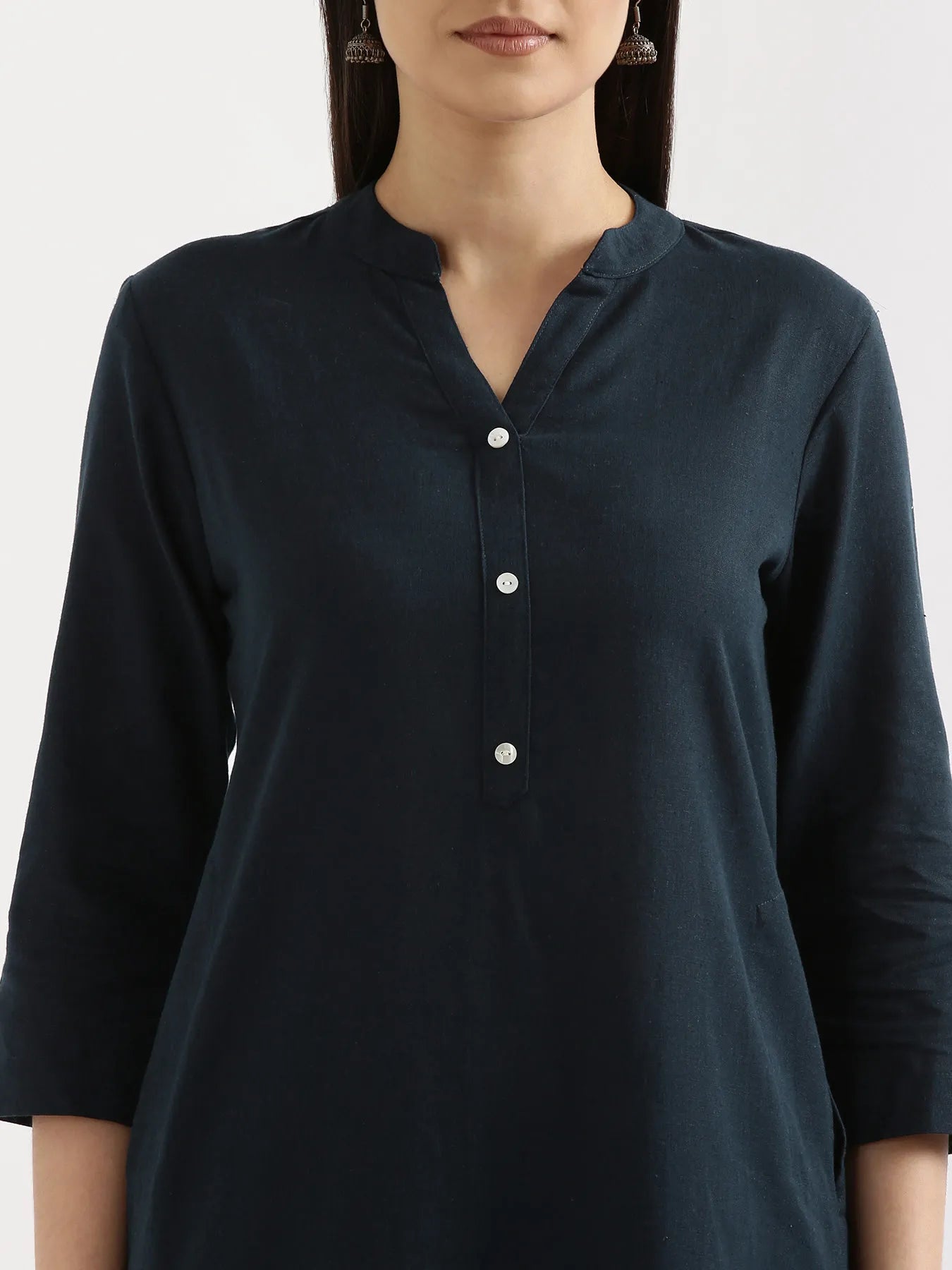Women Navy Blue Airy Linen Long Kurta