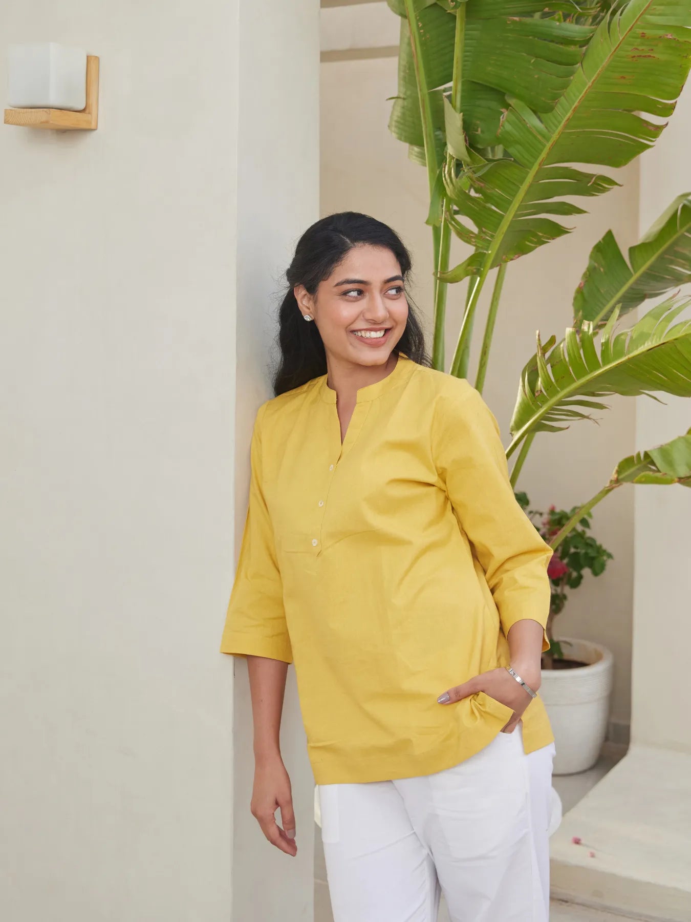 Yellow Short Kurta with White Cotton Pant