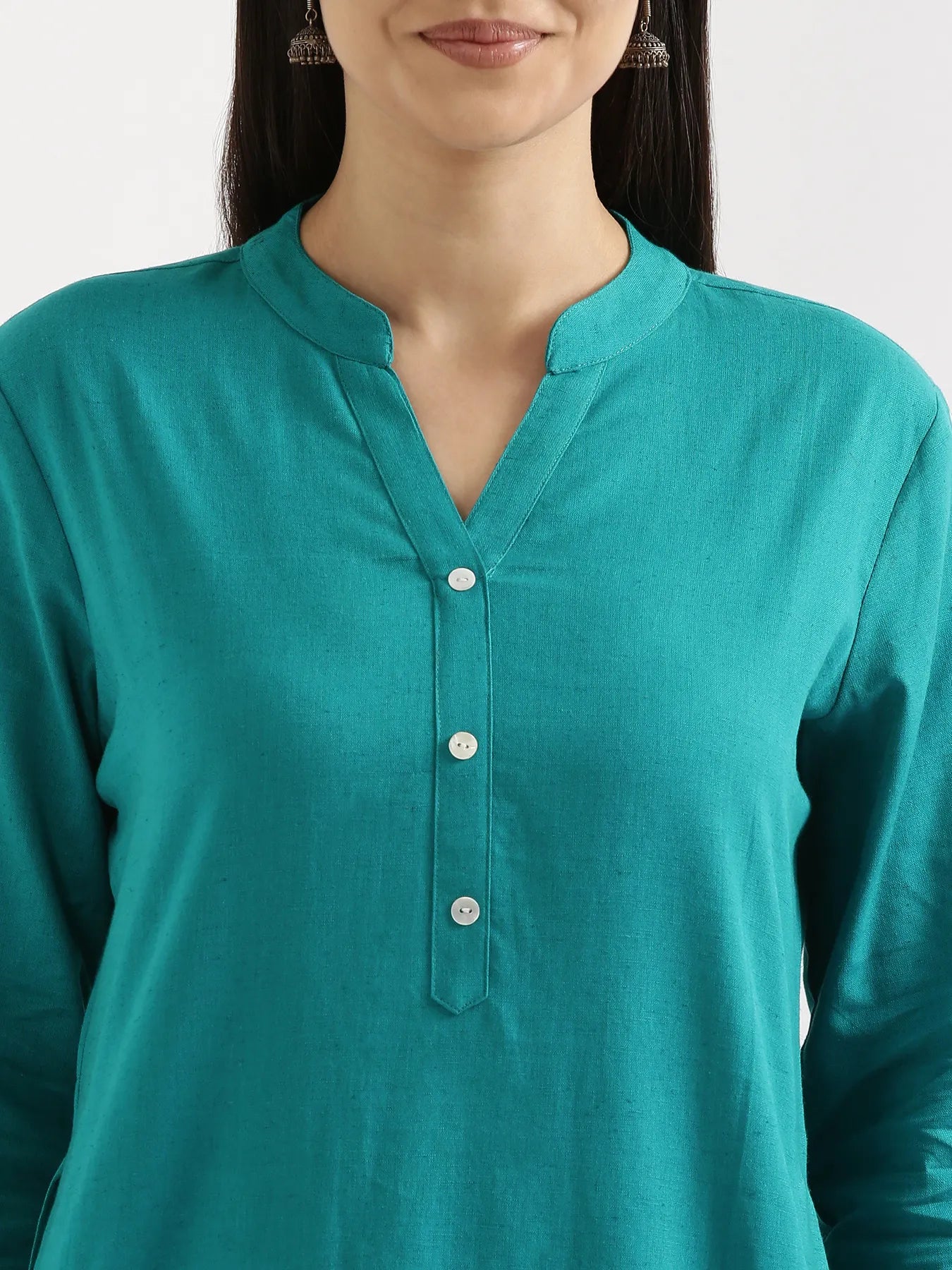 Women Teal Airy Linen Long Kurta