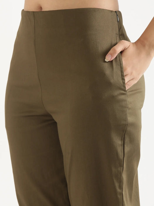 Women Olive Green & White Straight Fit Formal Pants