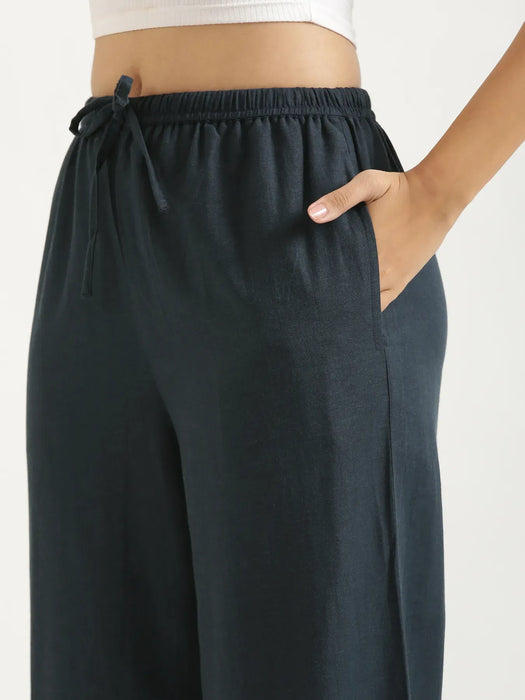 Women Navy Blue Flowy Linen Wide Leg Pants