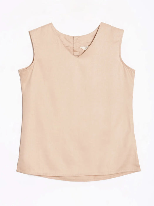 Women Beige V-Neck Sleeveless Top