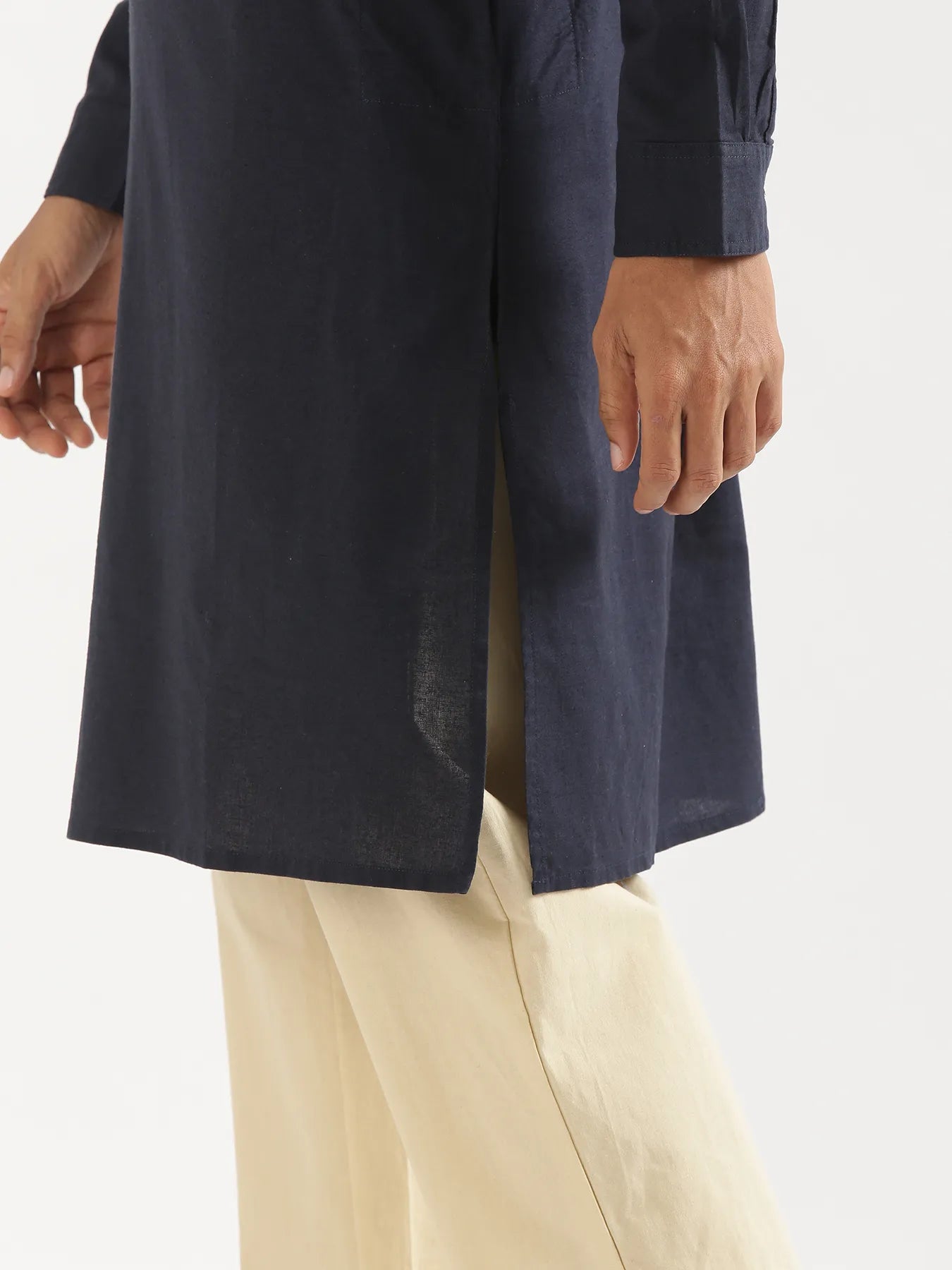 Men Navy Blue Airy Linen Long Kurta