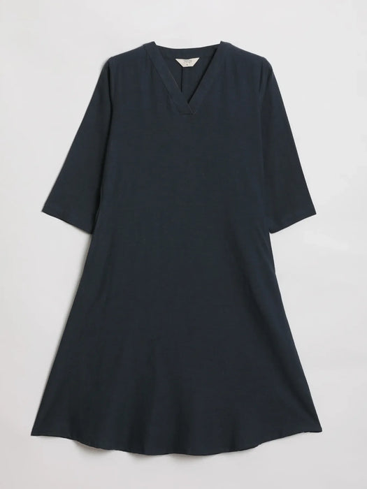 Women Navy Blue Flowy Linen A-Line Long Kurta