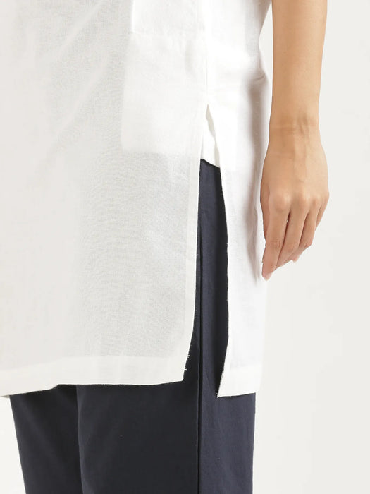 Women White Airy Linen Mid Thigh Length Kurta