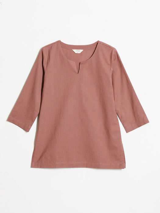 Women Rose Taupe Airy Linen Split Neck Short Kurta