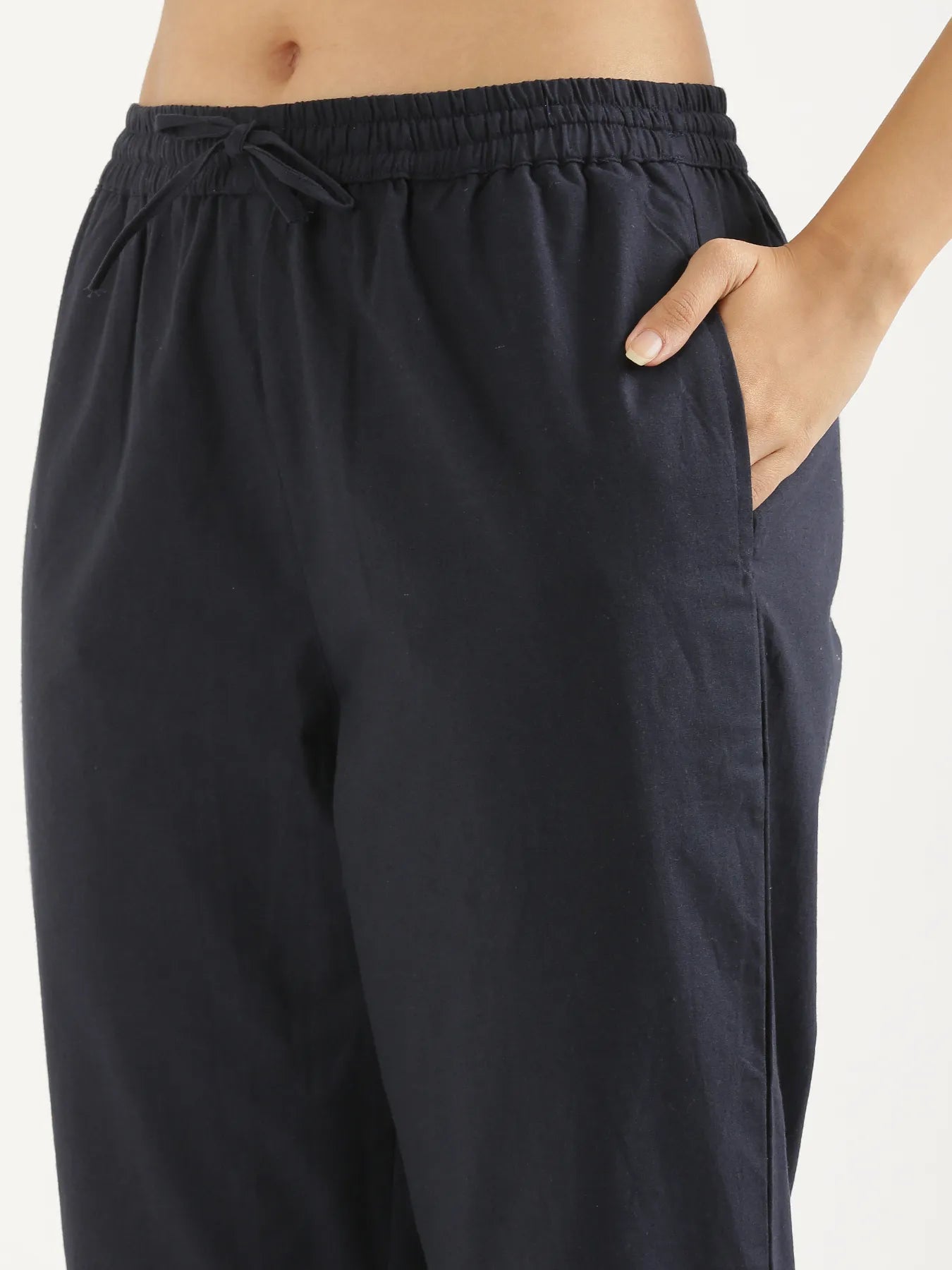 Women Navy Blue Cotton Straight Pant