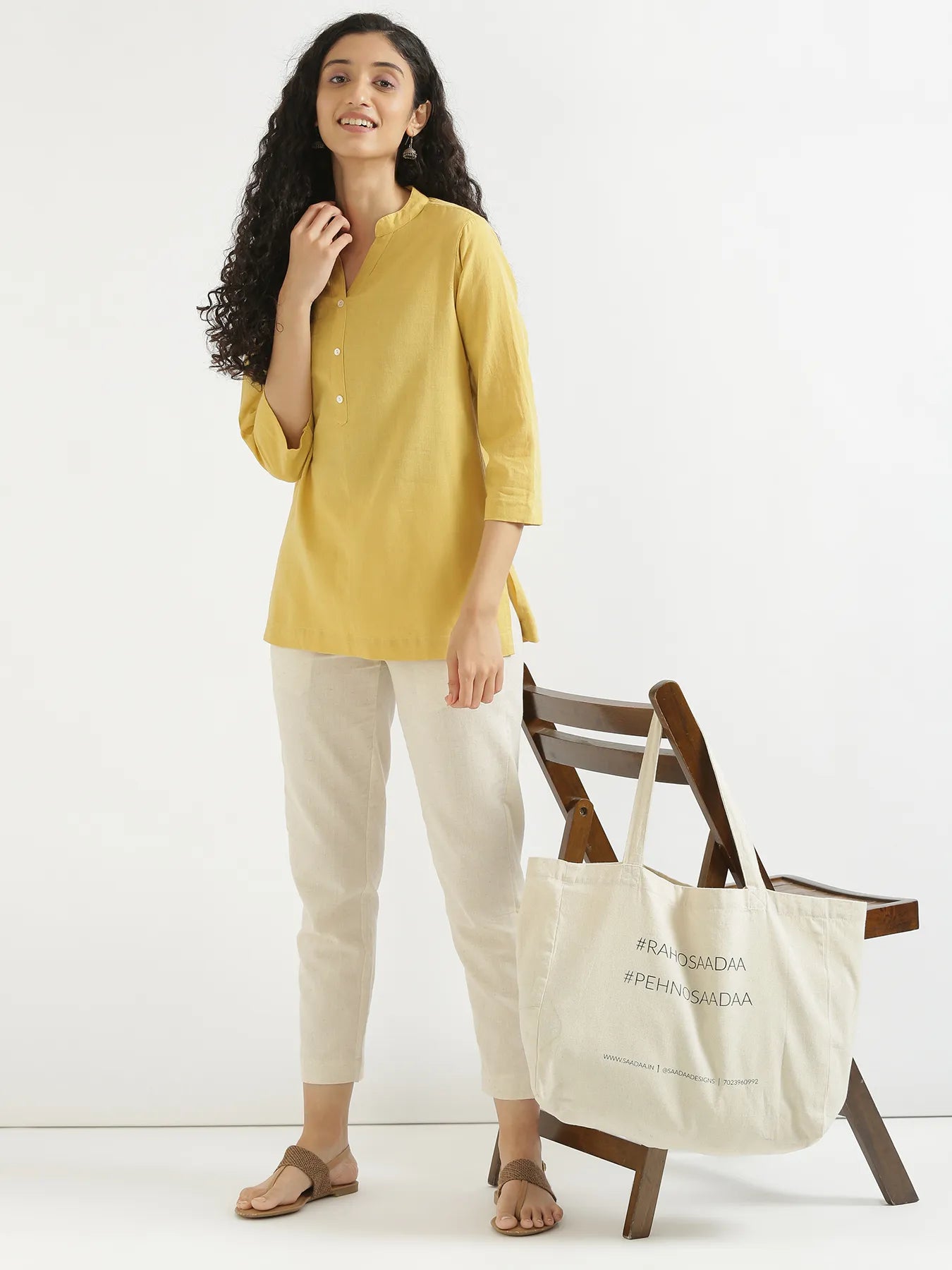 Women Yellow Airy Linen Short Kurta & Beige Cotton Pant Set